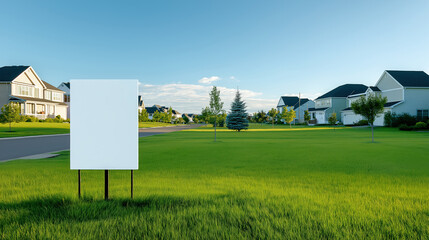 Blank white signpost, a clear canvas for your message, stands before a modern residential house, symbolizing a fresh start and new opportunities in the real estate market