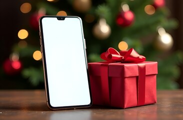 mobile phone stands on a table next to red box and bow for New Year's gifts against the background of a Christmas tree, holiday gift advertising, mobile applications