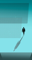 A man in a suit has stepped off the grid and is walking away to take a leap of faith into the abyss of a  better, less complex lifestyle in this 3-d illustration.