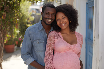 Love's Embrace: A radiant couple, eagerly awaiting their future, stands embraced. Their eyes sparkle with love, set against a charming outdoor backdrop.