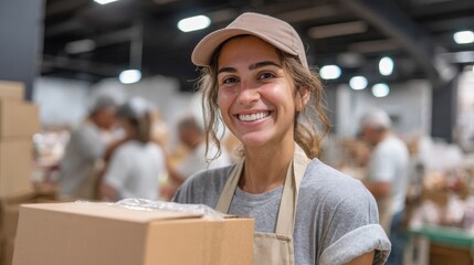 Fototapeta premium Young cheerful volunteer working at charity center and giving free food donation box for people in need in charitable foundation. Humanitarian aid, volunteering and social help for poor concept.
