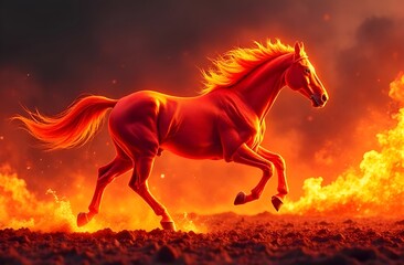 Golden horse gallops against a backdrop of fire.
