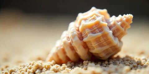 Macro DSLR stock photograph of a textured spiral seashell resting on golden sand, showcasing its intricate details
