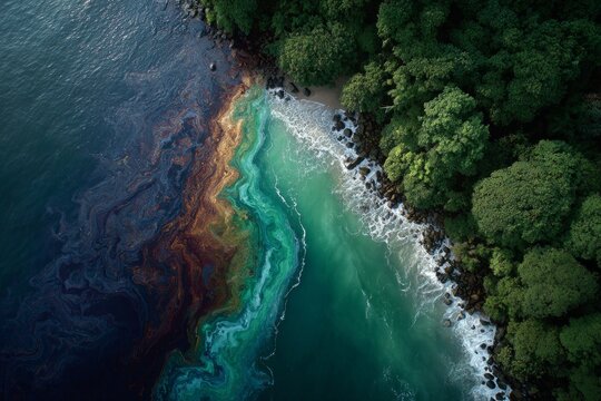 Oil spill contaminating pristine beach and ocean waters near a lush green forest, showing environmental disaster - Powered by Adobe