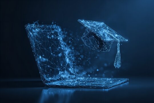 Digital laptop with graduation cap made of glowing blue lines representing online education and elearning in the modern world
