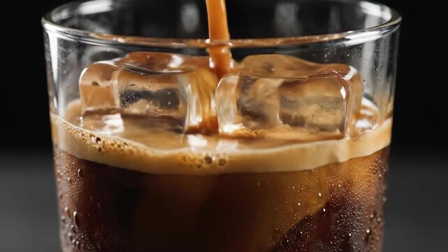 Dynamic Slow Motion Pour of Refreshing Iced Coffee Cascading Over Crystal Ice Cubes in a Glass