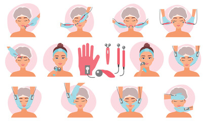 Microcurrent facial treatment set vector illustration. Cartoon aesthetic therapy in cosmetology and cosmetic procedures, massage for face with devices and micro current electrodes in spa beauty salon
