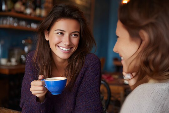 Coffee Chat: A cheerful woman, brimming with delight, sips from her mug, engaged in an amicable conversation. The warm ambience of a cafe embraces this moment of connection and mutual enjoyment.