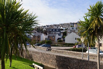 Coastal homes on a hill are framed by palm trees, providing a sense of place for this seaside town in Perranporth - Cornwall - UK
