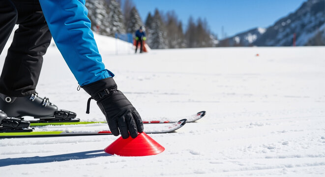 A ski instructor with group sets up a training course with cones, a photo for promoting ski schools and skill development programs.