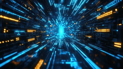 Digital data moving through a futuristic network tunnel