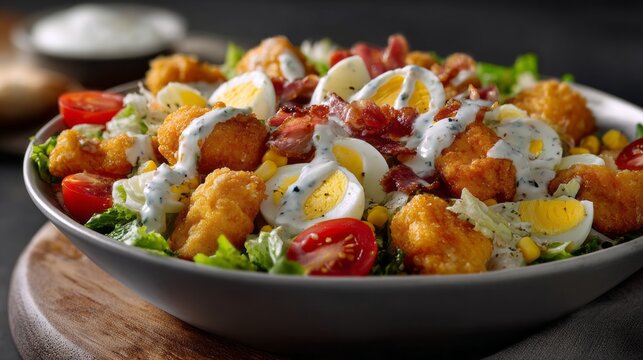 A vibrant bowl filled with crunchy salad made of fresh greens, juicy cherry tomatoes, crispy chicken nuggets, and sliced boiled eggs. Perfect for a hearty lunch at home