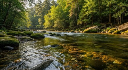Crystal Clear River Flowing Over Smooth Stones with Sunlit Ripples, Moss-Covered Rocks, and Lush Green Forest in Photorealistic Ultra Detailed Natural Lighting