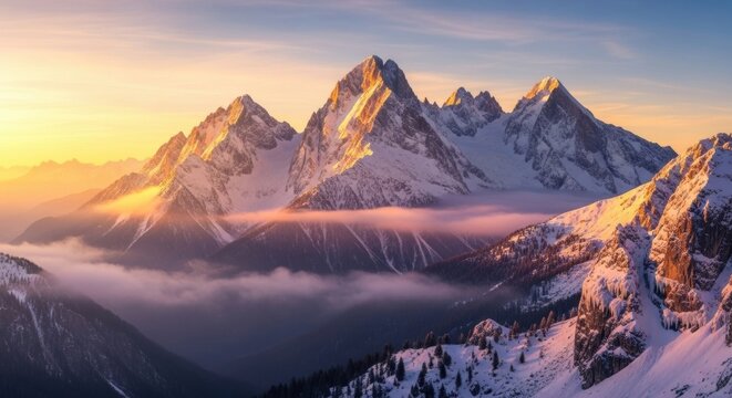 Snow-Capped Mountain Range at Golden Sunrise with Mist-Filled Valleys and Cinematic Atmospheric Depth in Ultra Sharp Detail