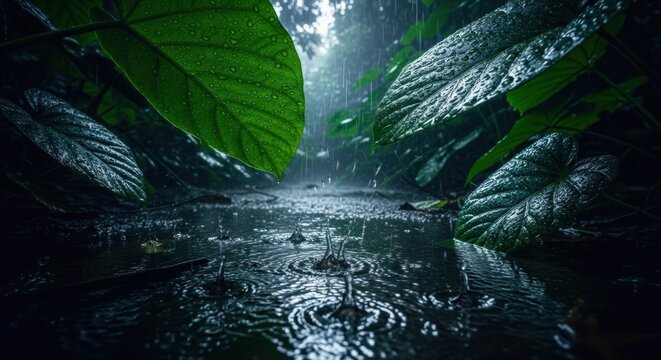 Hyper Photorealistic Rain Falling on Forest Leaves with Moody Lighting, Splashing Droplets and Soft Reflections in a Dramatic Cinematic Atmosphere
