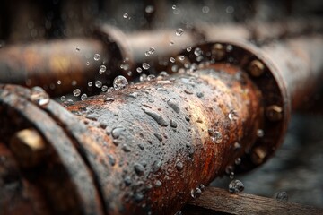 Rusty industrial pipe showing water leaking and corrosion