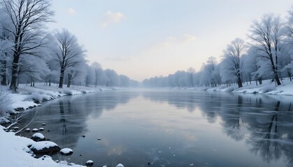  a frozen lake reflecting pale winter skies surrounded by bare trees coated in fresh snow 