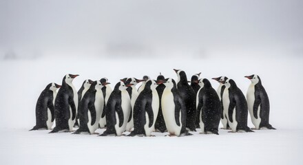 A colony of emperor penguins huddles together in a snowy landscape