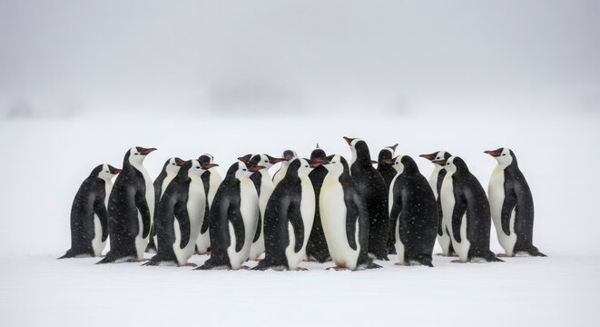 A colony of emperor penguins huddles together in a snowy landscape