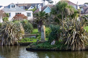 An eye-level, medium shot, of a pond and landscaped island. Residential buildings are visible in the background in Perranporth - Cornwall - UK