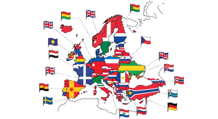 Illustrated map of Europe with national flags, symbolizing diverse cultures and unified identity