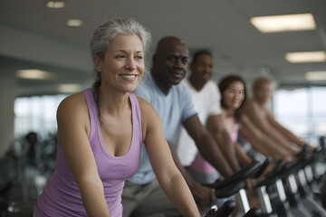 Cycling Together: A group of individuals of various age groups exercise together in gym and share happiness. They exercise and enjoying the moment with smiles. 
