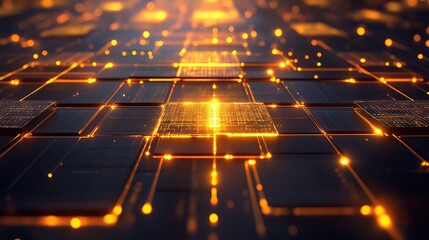 Digital circuit board processing data with glowing network connections