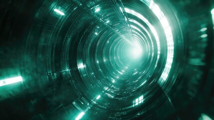 Futuristic green light tunnel with digital data flowing