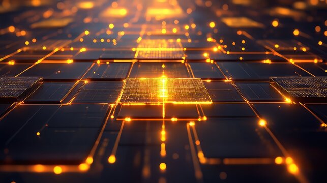 Digital circuit board processing data with glowing network connections