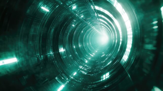 Futuristic green light tunnel with digital data flowing