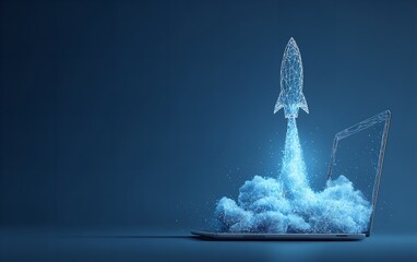 Digital rocket launching from laptop screen represents startup success innovation and technological advancement in business growth