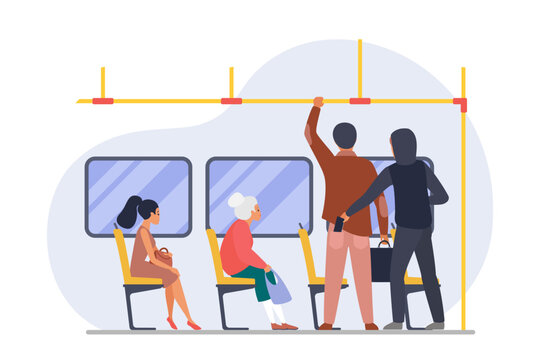 Theft of money in public transport vector illustration. Cartoon thief sitting on seat with passengers in interior of subway train or bus, pickpocket character stealing wallet from male victims pocket