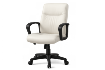 White leather executive office chair on casters, providing ergonomic comfort for business and home office professionals