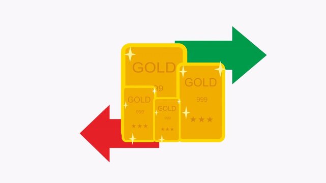 Gold bars green and red arrows. Perfect for financial concepts, investment strategies or market trends. Ideal for businesses, presentations, websites, or financial reports. Versatile and engaging.