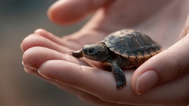 A tiny tortoise rests gently in a human palm, emphasizing the delicate details of the shell