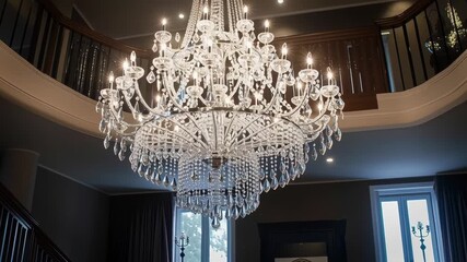 Elegant crystal chandelier illuminates a grand foyer with a curved staircase - Powered by Adobe