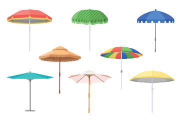 Open beach umbrellas set. Cute parasol collection for tropical sea summer holidays, outdoor garden or travel pool accessory for hot sun protection and shade summertime cartoon vector illustration © lembergvector