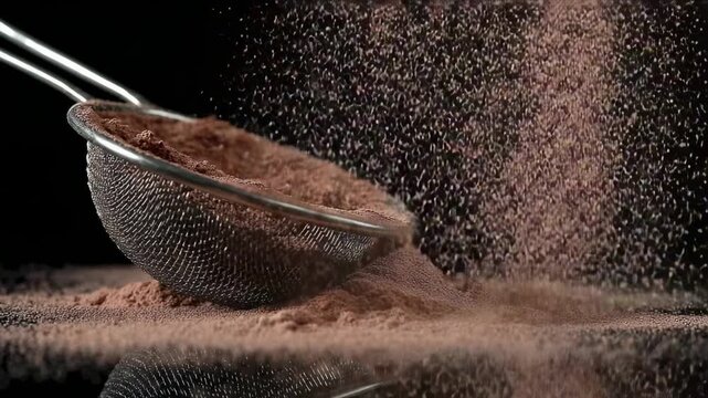A metal mesh sieve sifts fine brown powder onto a dark reflective surface with particles suspended in the air against a black background