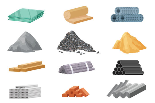 Building and renovation materials set. Pile of sand and stones, metal and wood blocks, roof piles and stack of steel pipes and brick, collection for construction site cartoon vector illustration
