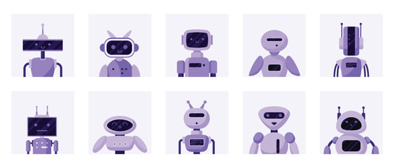 Chatbot avatars set. Purple cute robot assistant heads with antenna and funny face, simple portraits of futuristic customer support service agent and bot of GPT chat cartoon vector illustration