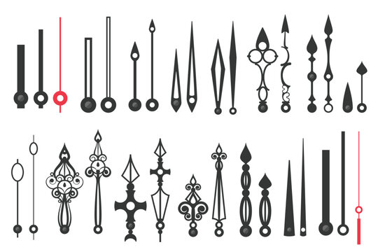 Clock hands set vector illustration. Thin black and red line time pointers, silhouettes of steampunk minute and hour arms, metal antique arrows with Roman ornamental decoration for analog clock face