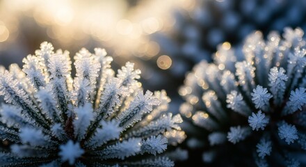 Closeup of frozen pine needles covered in frost crystals glistening in the winter sunlight