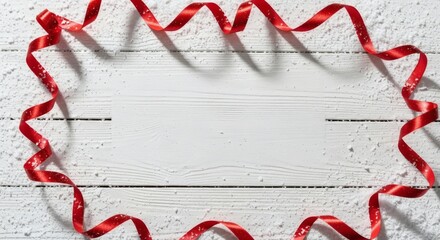 Red ribbon frame on white wooden background covered with snow, isolated on white background