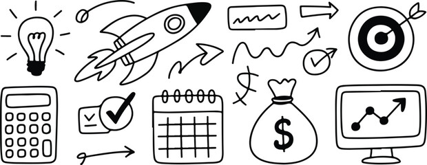 Business planning and strategy doodle icons, idea to success theme Vector