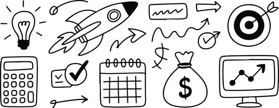 Business planning and strategy doodle icons, idea to success theme Vector