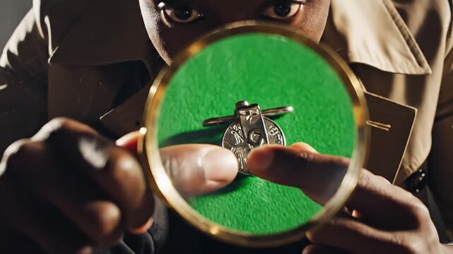 Mysterious detective examining evidence with magnifying glass, solving a crime in old room,