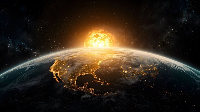 A space view of Earth and a large star shows city lights illuminating the night side while the star casts an orange glow on the planet's surface and the surrounding space. - Powered by Adobe