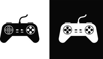 Black and white gaming controller icon illustration, minimalist joystick design, console control pad, retro video game device, modern entertainment vector symbol