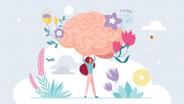 Mental health, positive mindset, relax and selfcare. Tiny girl holding human brain in blooming flowers to protect and care for mind, psychology therapy for thoughts cartoon vector illustration
