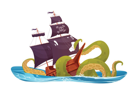 Tentacles of octopus sink pirate ship in ocean or sea waves vector illustration. Cartoon isolated fantasy shipwreck scene with kraken or perilous giant squid and corsair boat with black flag and sail